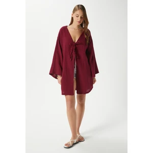 Kadın Sandra %100 Pamuk Müslin Bağcıklı Bordo Kimono