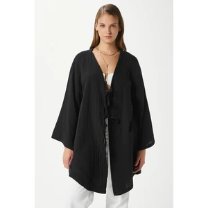 Kadın Sandra %100 Pamuk Müslin Bağcıklı Siyah Kimono