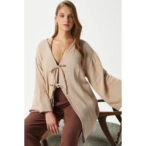 Kadın Sandra %100 Pamuk Müslin Bağcıklı Bej Kimono