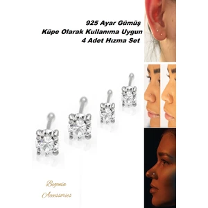 Begonia Accessories 925 Ayar Gümüş Zirkon Taşlı 4 Adet Küpe Olarak Kullanıma Uygun Hızma Set