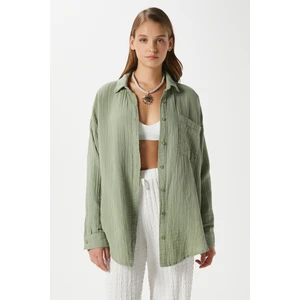 Kadın Tilda %100 Pamuk Müslin Oversize Haki Gömlek