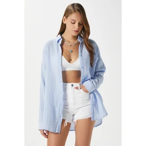 Kadın Tilda %100 Pamuk Müslin Oversize Mavi Gömlek