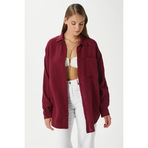 Kadın Tilda %100 Pamuk Müslin Oversize Bordo Gömlek