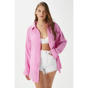 Kadın Tilda %100 Pamuk Müslin Oversize Pembe Gömlek