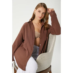 Kadın Tilda %100 Pamuk Müslin Oversize Kahverengi Gömlek