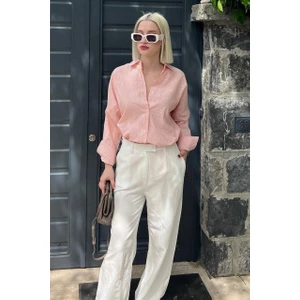 Kadın Oversize Çizgili Keten Karışımlı Gömlek