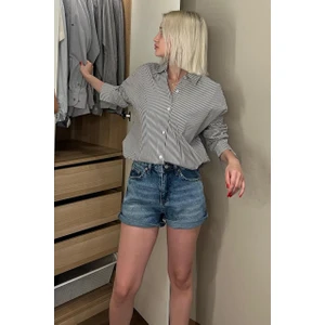 Kadın Oversize Çizgili Keten Karışımlı Gömlek