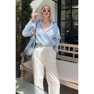 Kadın Oversize Çizgili Keten Karışımlı Gömlek