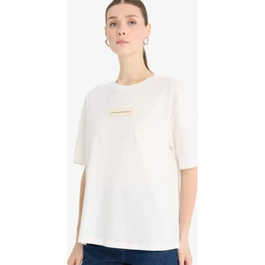 Relax Fit Bisiklet Yaka Aplike Baskılı Penye Kısa Kollu Tişört