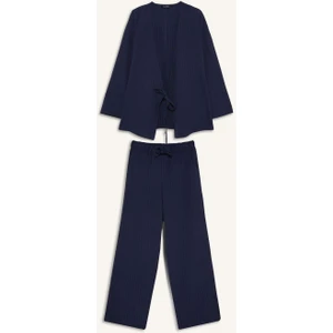 Relax Fit 2'li Takım Gofre Dokulu Uzun Kollu Kimono Pantolon F4095AX25SM