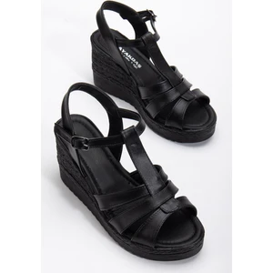 Kadın Dolgu Topuk Sandalet Ayakkabı Siyah 3 Bantlı Baretli