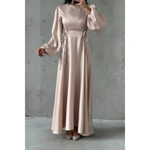 Belden Bağlamalı Balon Kol Saten Abiye