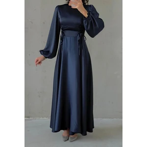 Belden Bağlamalı Balon Kol Saten Abiye