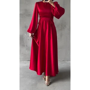 Belden Bağlamalı Balon Kol Saten Abiye