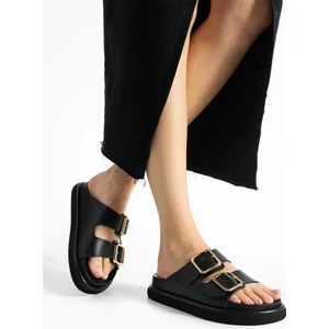 Arandis Kadın Hakiki Deri Çift Tokalı Siyah Terlik