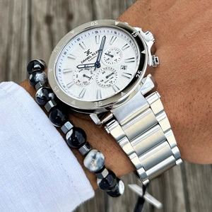 Babalar Günü Gümüş Renk Garantili Orijinal Çelik Kordon Erkek Kol Saati Doğal Taş Bileklik Hediyeli DKLNHB07