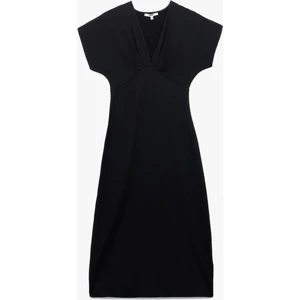 Bürümcük Kumaş Dokulu Kısa Kollu Uzun V Yaka Elbise