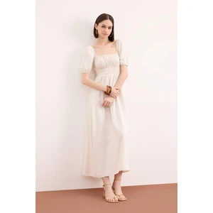 Kare Yaka Keten Karışımlı Kısa Kollu Midi Yazlık Elbise E6013AX25SM