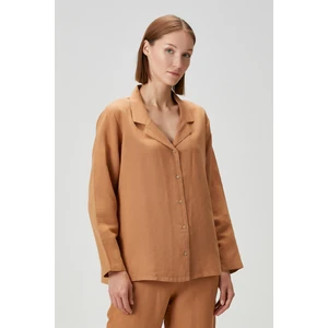 Lino Keten Gömlek Pijama Taba Rengi