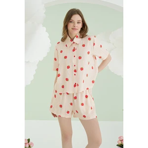 Nbb Turuncu Çilekli Şortlu Önden Düğmeli Pijama Takımı