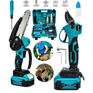 Profesyonel 2'li Set 21 Volt  2 Akülü Çelik Şanzuman 2 Pala Zincirli Şarjlı Dal Ağaç Kesme Bağ Budama Makası
