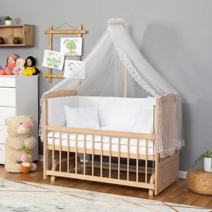 Ahşap Organik Beşik Anne Yanı Beşik 3 Kademeli Lüx Bebek Beşiği 60 x 120 cm - Krem Güpür Uyku Setli & Soft Yataklı