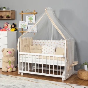 Ahşap Lake Beyaz Renk Anne Yanı Beşik 3 Kademeli Sallanan Ahşap Beşik 60 x 120 cm - Krem Prenses Uyku Setli & Soft Yataklı