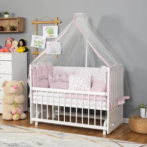 Ahşap Lake Beyaz Renk Anne Yanı Beşik 3 Kademeli Sallanan Ahşap Beşik 60 x 120 cm - Pembe Prenses Uyku Setli & Soft Yataklı