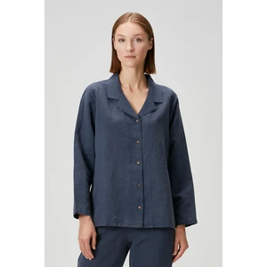 Lino Keten Gömlek Pijama Indigo