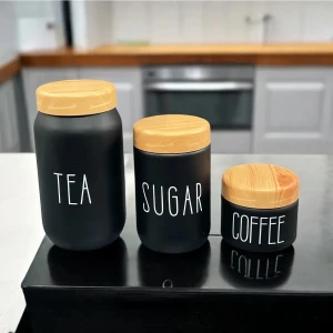 3 Lü Cam Ahşap Kapaklı Çay Şeker Kahve Kavanozu Saklama Kabı