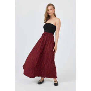Bordo Bel Lastikli Kırışık Kumaş Etek 3483