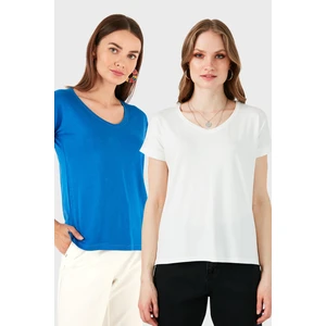 V Yaka Relaxed Fit Yırtmaç Detaylı 2'li Paket Bluz Bayan Bluz 5862000S2