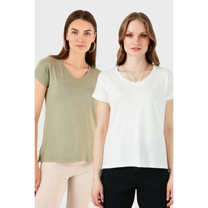 V Yaka Relaxed Fit Yırtmaç Detaylı 2'li Paket Bluz Bayan Bluz 5862000S2