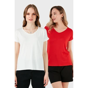 V Yaka Relaxed Fit Yırtmaç Detaylı 2'li Paket Bluz Bayan Bluz 5862000S2