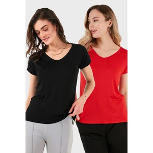 V Yaka Relaxed Fit Yırtmaç Detaylı 2'li Paket Bluz Bayan Bluz 5862000S2