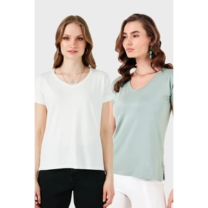 V Yaka Relaxed Fit Yırtmaç Detaylı 2'li Paket Bluz Bayan Bluz 5862000S2