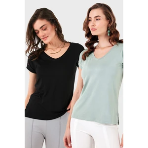 V Yaka Relaxed Fit Yırtmaç Detaylı 2'li Paket Bluz Bayan Bluz 5862000S2