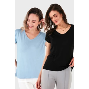 V Yaka Relaxed Fit Yırtmaç Detaylı 2'li Paket Bluz Bayan Bluz 5862000S2