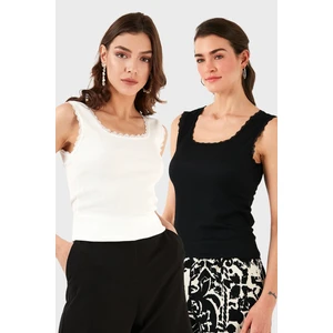 Slim Fit Kalın Dantelli Kare Yaka Bürümcük 2'li Paket Atlet Bayan Atlet 5864979S2