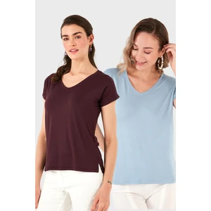V Yaka Relaxed Fit Yırtmaç Detaylı 2'li Paket Bluz Bayan Bluz 5862000S2