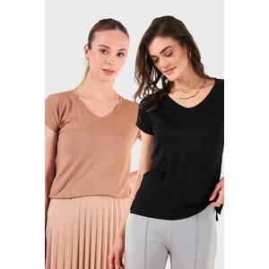 V Yaka Relaxed Fit Yırtmaç Detaylı 2'li Paket Bluz Bayan Bluz 5862000S2