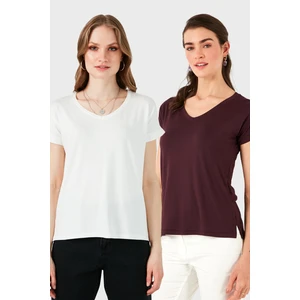 V Yaka Relaxed Fit Yırtmaç Detaylı 2'li Paket Bluz Bayan Bluz 5862000S2