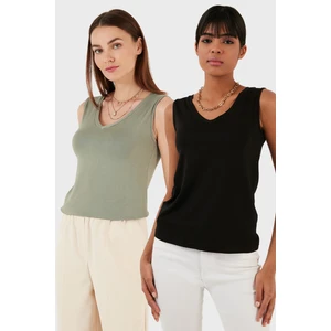 Slim Fit V Yaka Kalın Askılı 2' Li Paket Bluz Bayan Bluz 5864384S2