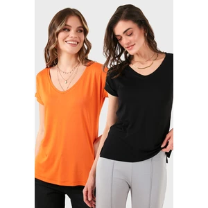 V Yaka Relaxed Fit Yırtmaç Detaylı 2'li Paket Bluz Bayan Bluz 5862000S2
