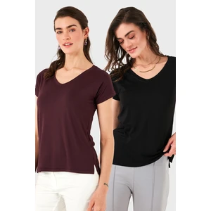 V Yaka Relaxed Fit Yırtmaç Detaylı 2'li Paket Bluz Bayan Bluz 5862000S2