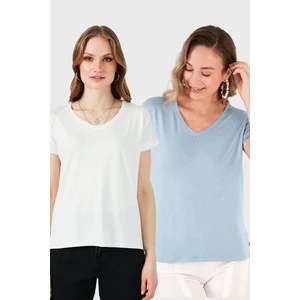 V Yaka Relaxed Fit Yırtmaç Detaylı 2'li Paket Bluz Bayan Bluz 5862000S2