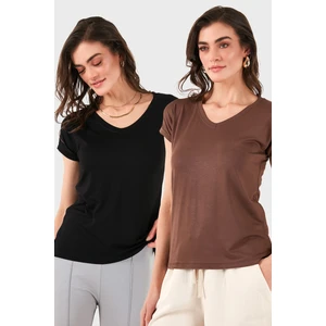 V Yaka Relaxed Fit Yırtmaç Detaylı 2'li Paket Bluz Bayan Bluz 5862000S2