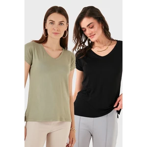 V Yaka Relaxed Fit Yırtmaç Detaylı 2'li Paket Bluz Bayan Bluz 5862000S2