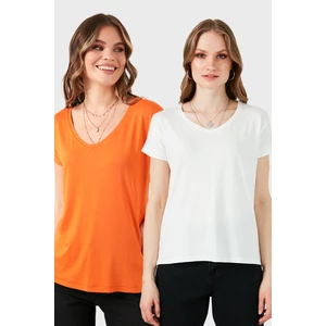 V Yaka Relaxed Fit Yırtmaç Detaylı 2'li Paket Bluz Bayan Bluz 5862000S2