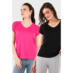 V Yaka Relaxed Fit Yırtmaç Detaylı 2'li Paket Bluz Bayan Bluz 5862000S2